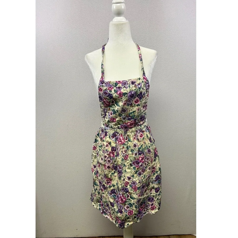 Cottagecore Grandma Womens Purple Floral‎ Pansy Halter Neck Tie Waist Apron